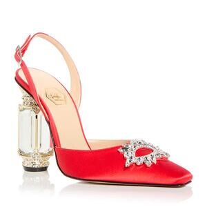 NWB NALEBE RED SATIN AURUM EMBELLISHED SLINGBACK PUMPS 38